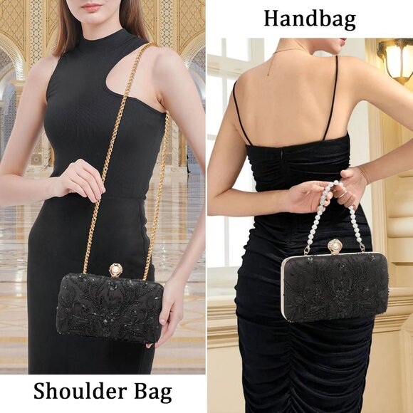 ⚡ Women's Evening Sequins Beaded Decent Designed Embroidery Black Clutch Handbag - Picture 6 of 8
